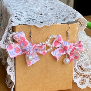 Pink Bow and Strawberry Ribbon Earrings with Pearl Drops, Anniversary Handmade Jewellery Gift for Her, Cutecore Kawaii Fruit Earrings