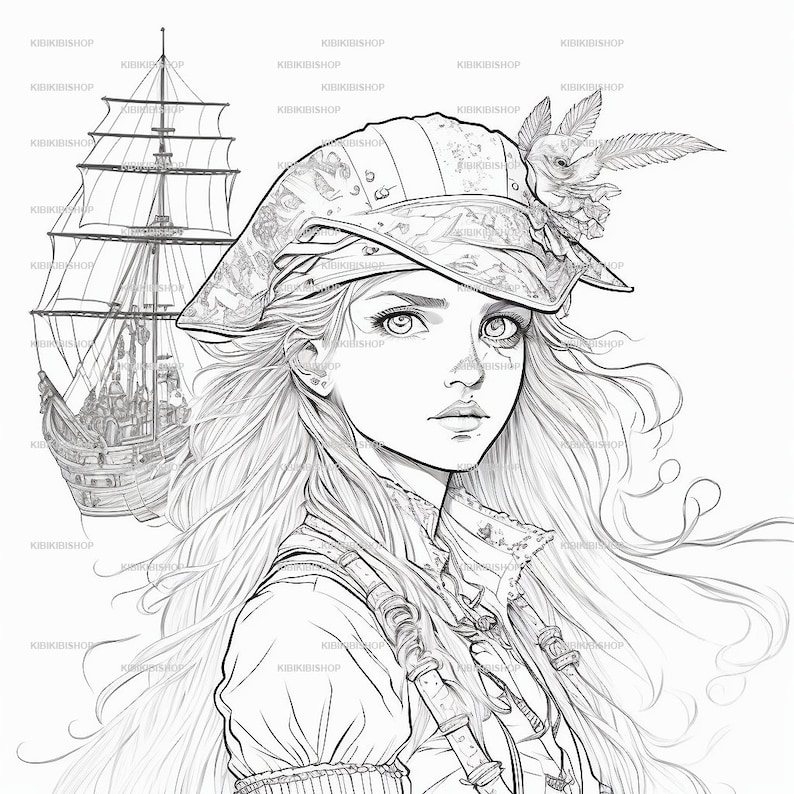 Pirate Girl 24 Coloring Page Grayscale Vintage Style - Etsy