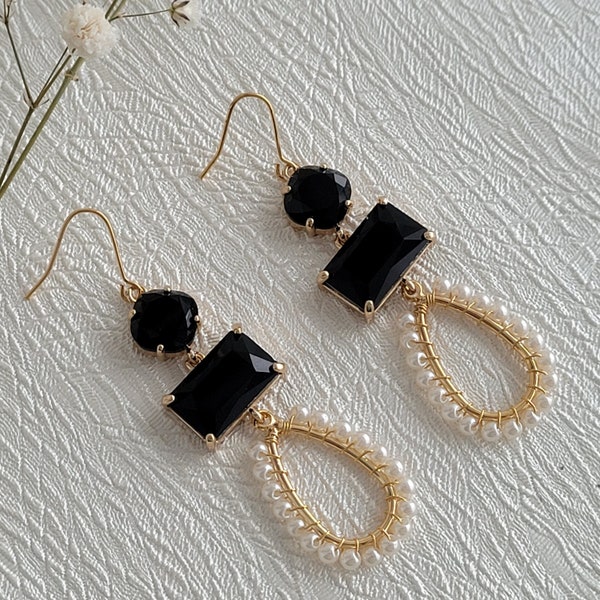 Boucles d’oreilles art deco, longues boucles d'oreilles cristal noire, perle nacre, or, vintage,cadeau,anniversaire, petite amie, femme