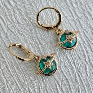 Emerald gold hoop earrings, emerald huggies, gold hoop earrings, planet earrings, celestial, zircons, gift for girl, woman