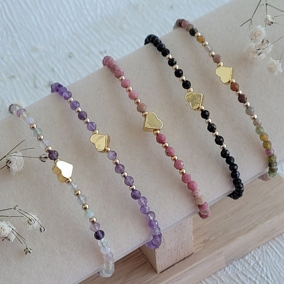 Bracelet pierres naturelles, bracelet délicat, bracelet or, bracelet perles  naturelles, bracelet minimaliste, bracelet coeur or,cadeau femme -   France