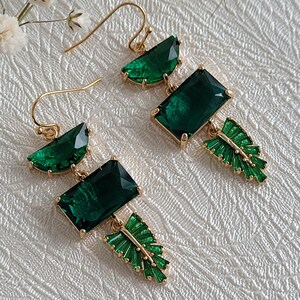 Art deco earrings, green crystal earrings, wedding, gold, cz, bridesmaid, evening, mom gift, wife, girlfriend