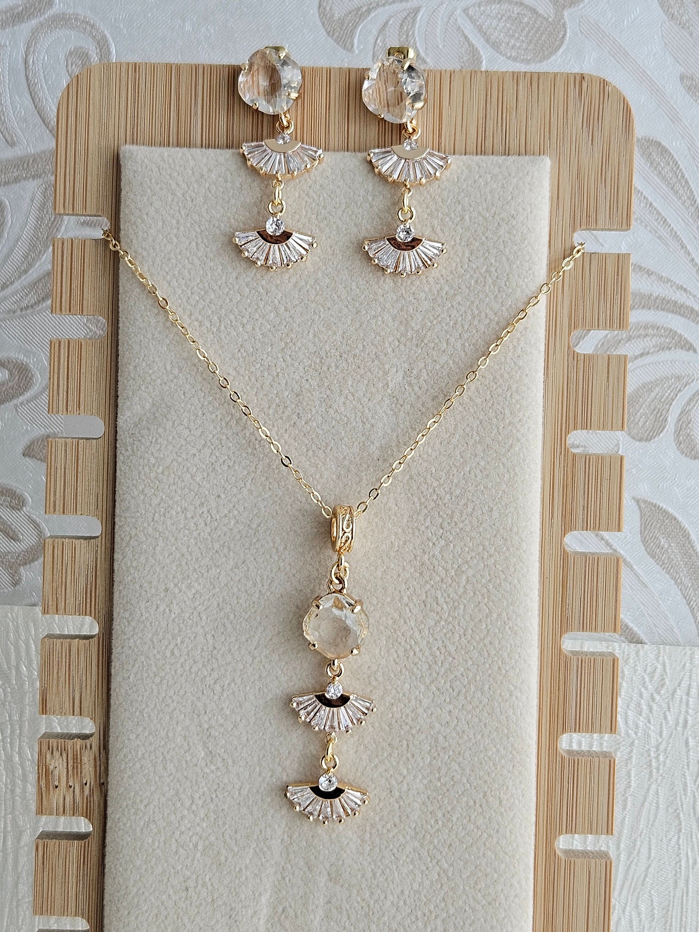 Women's jewelry set, necklace - gold earrings, fan, crystal, zirconium. Wedding jewelry, ceremony, Christmas gift for woman, wife