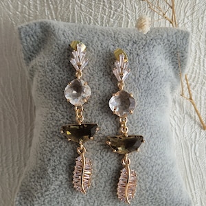 Art Deco earrings,Zircon leaf earrings,Boho bridal earrings,Gold fan earrings, brown