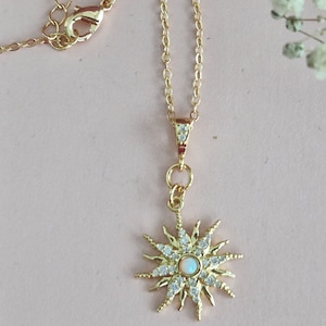 Collar de sol de ópalo, collar de oro, collar de rayos solares, collar de capas, collar celestial, zircón, regalos para ella, mujer