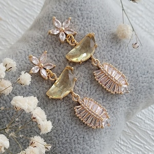 Earrings for bride, bridesmaid, gold earrings, cz, boho, flower earrings, leaf, mom gift, woman