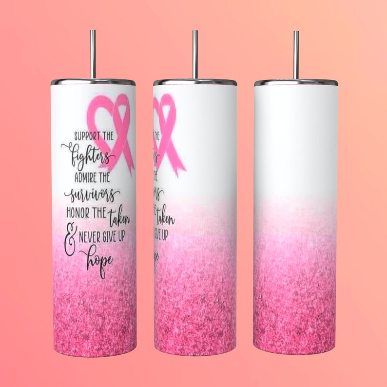 Breast Cancer Awareness Pink Ribbon Tumbler Mug Cup With Reusable Straw ...