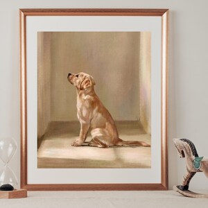 May include: A painting of a golden retriever puppy sitting in a room with beige walls, looking up and to the left. The puppy is light brown with a white chest and paws.