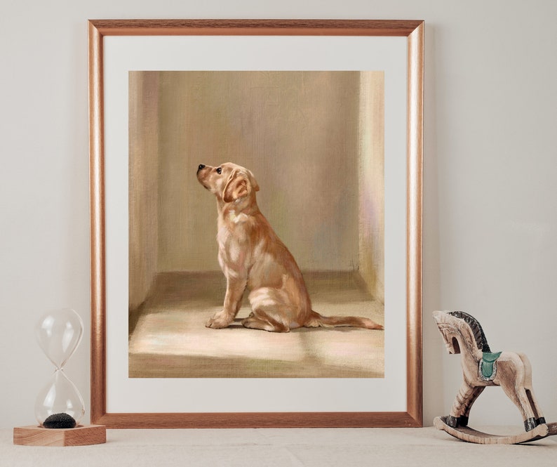 May include: A painting of a golden retriever puppy sitting in a room with beige walls, looking up and to the left. The puppy is light brown with a white chest and paws.