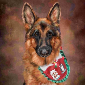 May include: A German Shepherd dog with brown and black fur wearing a red and green Christmas-themed bandana with a penguin and polar bear design.