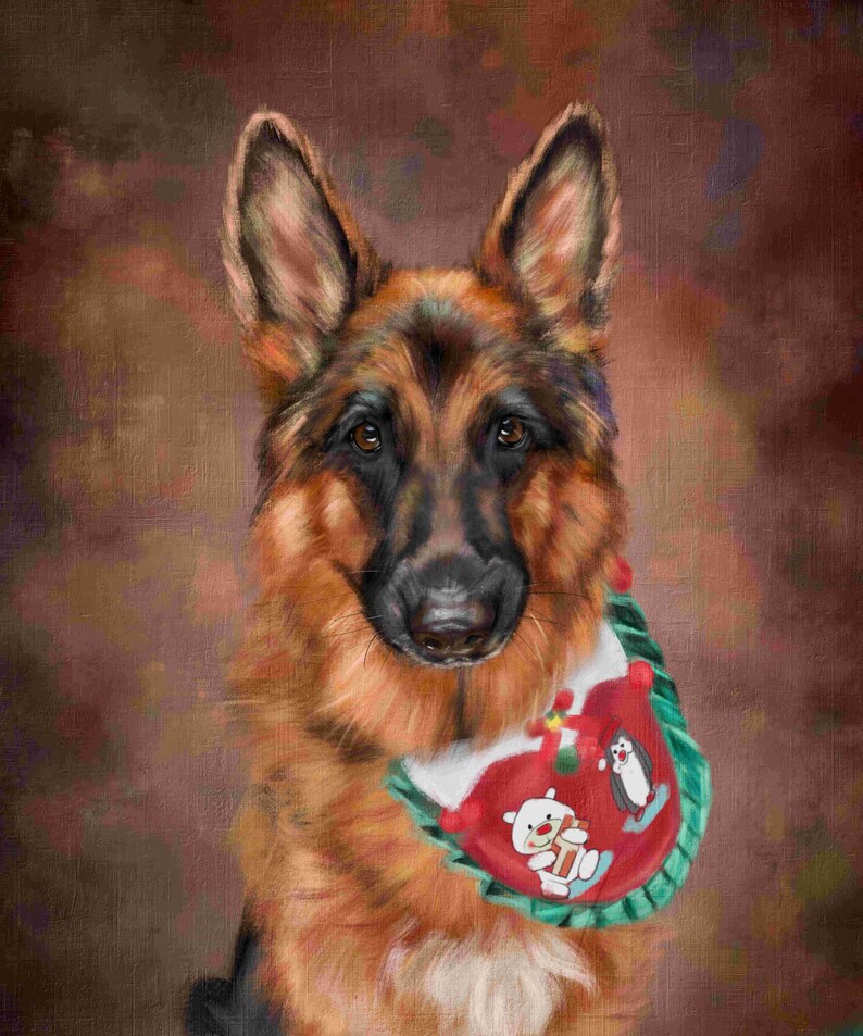 May include: A German Shepherd dog with brown and black fur wearing a red and green Christmas-themed bandana with a penguin and polar bear design.