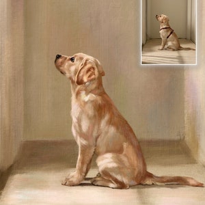May include: A painting of a golden retriever puppy sitting and looking up. The puppy is in a light brown room with a white wall behind it.