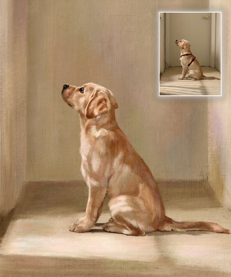 May include: A painting of a golden retriever puppy sitting and looking up. The puppy is in a light brown room with a white wall behind it.