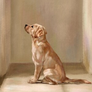 May include: A golden retriever puppy sits in a doorway, looking up and to the left. The puppy has a light brown coat and is sitting on a light brown floor.