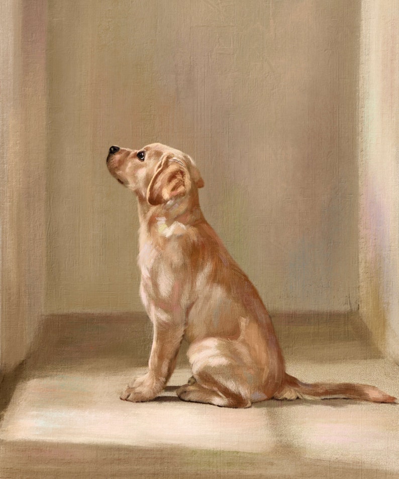 May include: A golden retriever puppy sits in a doorway, looking up and to the left. The puppy has a light brown coat and is sitting on a light brown floor.