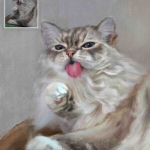 May include: A white and gray cat with blue eyes is licking its paw. The cat is sitting on a brown surface and has a playful expression on its face.