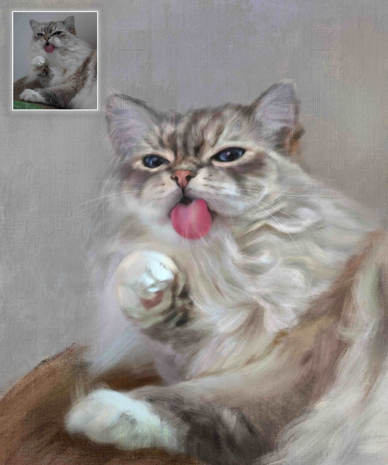 May include: A white and gray cat with blue eyes is licking its paw. The cat is sitting on a brown surface and has a playful expression on its face.