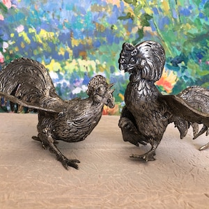 Pair of Decorative Silver Metal Roosters / French Vintage