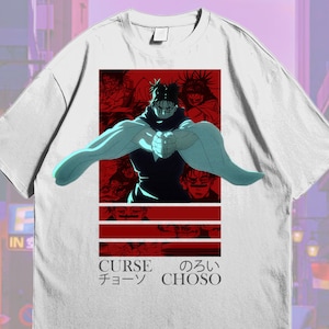 May include: White t-shirt featuring a graphic of a character with blue and black accents. The graphic is set against a red background with horizontal stripes. The text "CURSE CHOSO" is printed below the graphic.