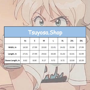 May include: Size chart for a t-shirt with measurements in inches for XS, S, M, L, XL, 2XL, and 3XL. The chart shows the width, length, and sleeve length of the t-shirt in inches.
