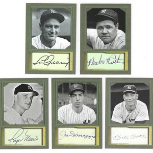 New York Yankees - Set of 5 ACEO facsimile autograph trading cards - Babe Ruth, Lou Gehrig, Mickey Mantle, Roger Maris, Joe DiMaggio