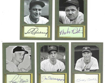 May include: Five baseball cards featuring black and white photos of famous New York Yankees players. The cards have a green border and a gold-colored signature area. The players featured are Lou Gehrig, Babe Ruth, Tony Lazzeri, Joe DiMaggio, and Nick Etten.