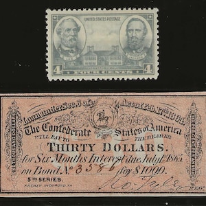 ORIGINAL CIVIL WAR 1864 Confederate Bond Receipt, plus a vintage Robert E Lee / Stonewall Jackson postage stamp