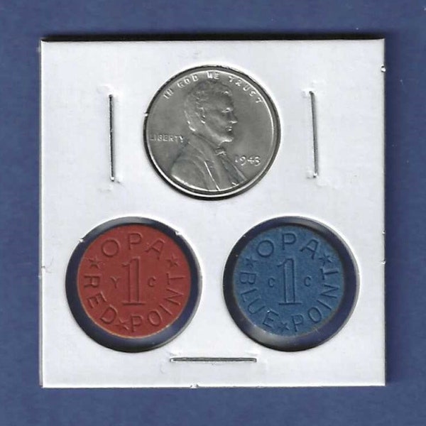 Original World War II Steel Penny + Blue and Red OPA food ration tokens - WWII