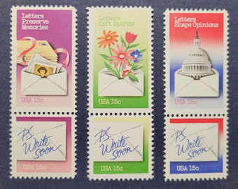 LETTER WRITING STAMPS - Colorful set of 6 vintage U.S. postage stamps. Mint condition.