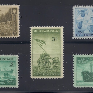 Collection of 5 original WWII U.S. stamps - Army, Navy, Marines, Coast Guard, Merchant Marine