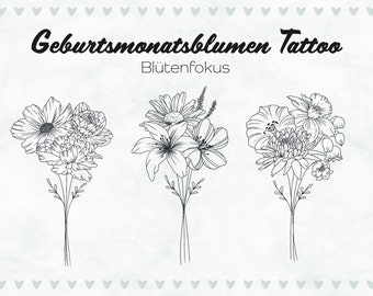 Personalisiertes Geburtsmonatsblumen Tattoo, Geburtsmonatsblume, Blütenfokus Tattoo Design, personalisiertes Tattoo, digitale Vorlage