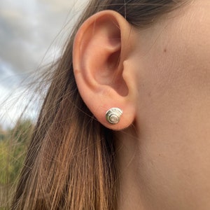 Recycled silver tiny shell stud earrings, minimal silver studs, handmade sustainable jewellery, gifts for her.