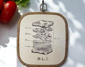 BLT Sandwich Schematics finished embroidery hoop art, foodie art, vegetable lover wall hanging, farmer’s market, steampunk, gift for him