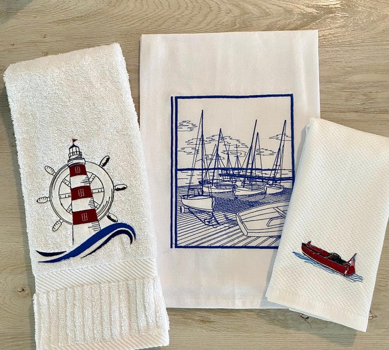 Nautical Collection Embroidered Hand Towels Lake House Decor - Etsy