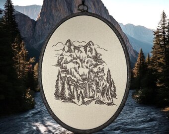 Bordado de lobos en aro, arte para pared, naturaleza.