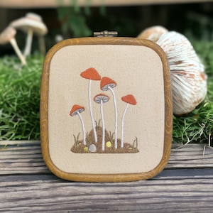 Enoki Mushrooms Finished Embroidered Hoop Wall Hanging, Embroidered Mushroom Art, Cottagecore Home Decor, Framed Mushroom Art, Embroidered