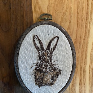 Rabbit hare finished embroidery hoop wall hanging, woodland creature decor, fairycore decor, cottagecore wall hanging, framed embroidery art