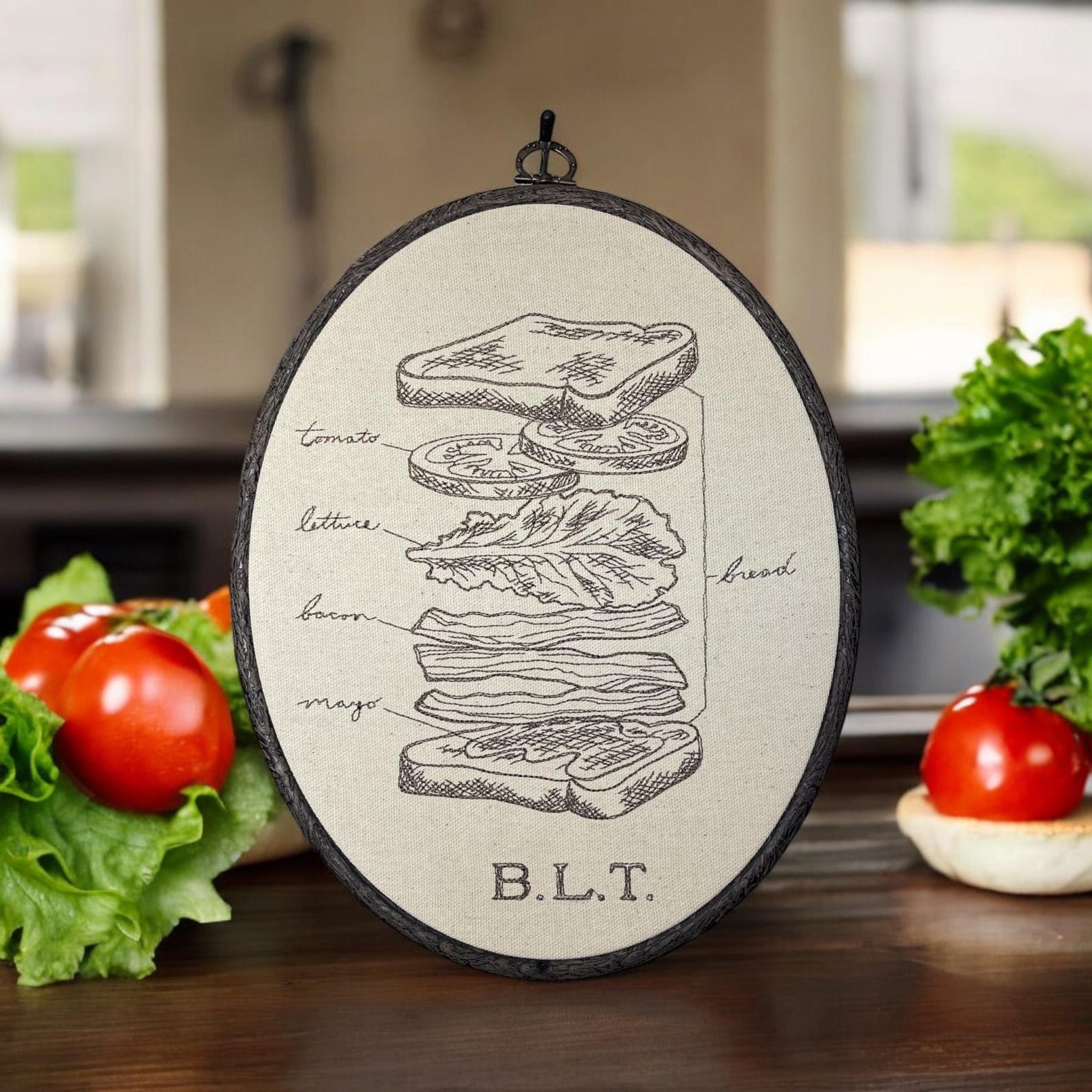 Bacon Lettuce Tomato Sketch Finished Embroidery Hoop Art, Plant Decor