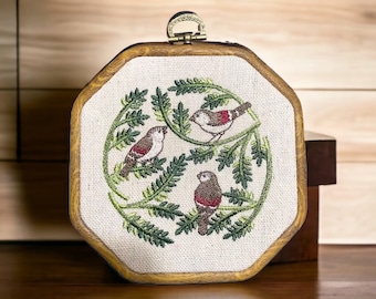 Botanical Bird Wreath Cottagecore finished embroidery hoop wall hanging, woodland creatures, fairycore decor, framed embroidery art,