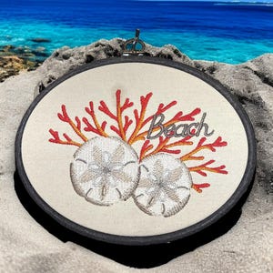 Bright coral Sand dollar embroidered Wall Hanging,Lakehouse Wall Decor,Beach Decor,Beach-house decor, beach house wall art, Beach Wall Art,