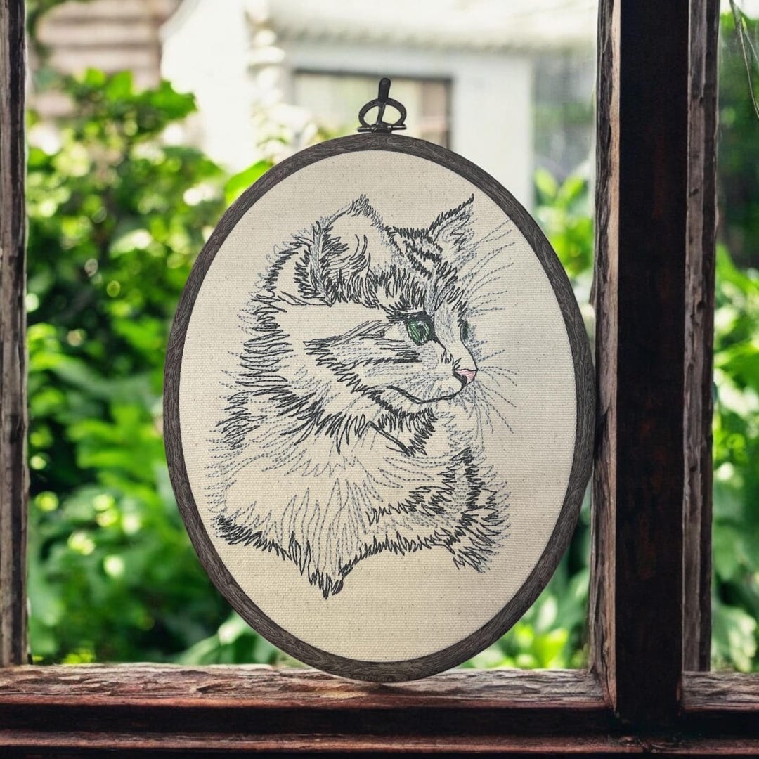 Captivated Kitty Finished Embroidery Hoop Wall Hanging, Animal Decor