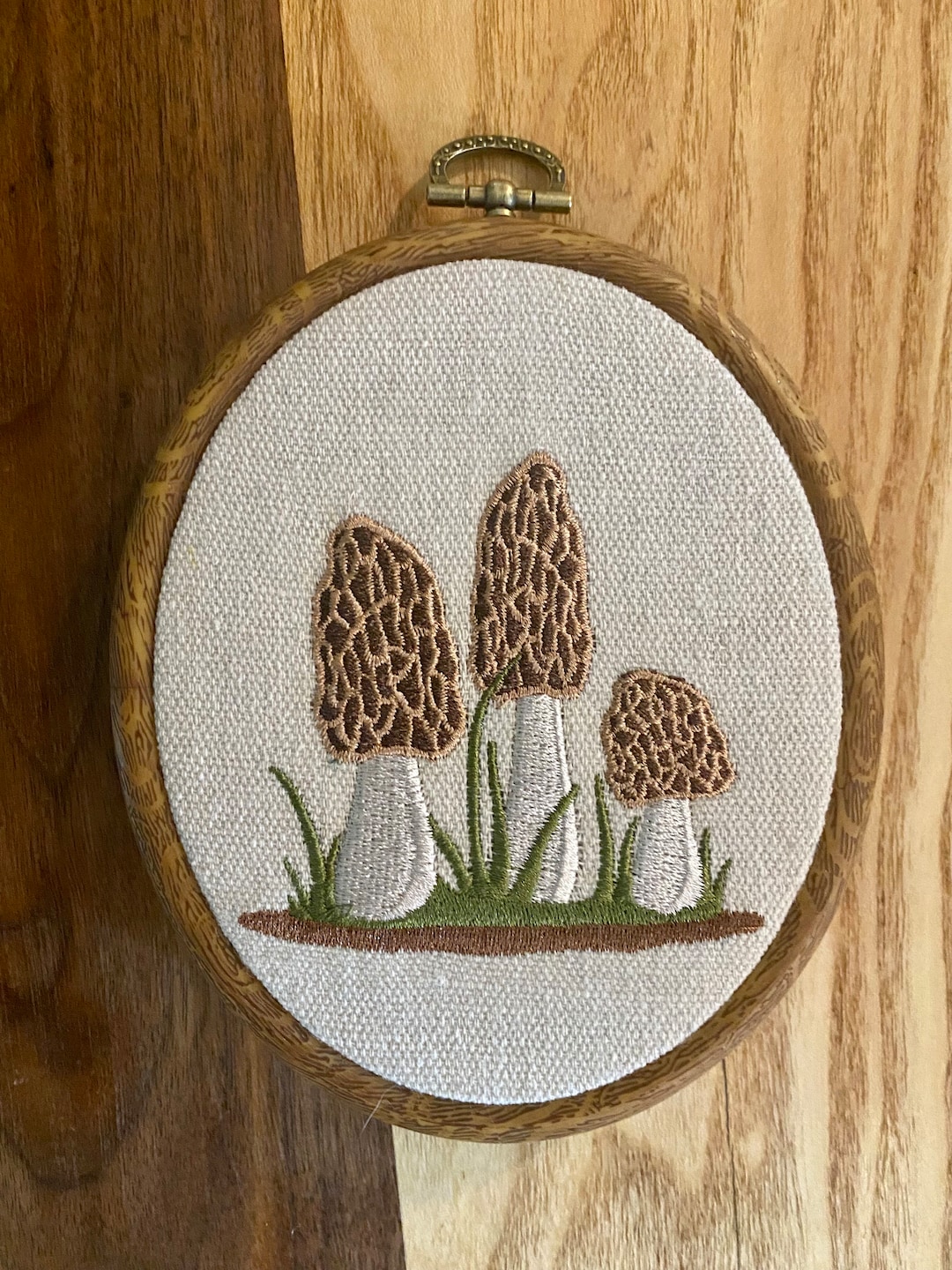 Morel Mushrooms Finished Embroidered Hoop Wall Decor, Embroidered