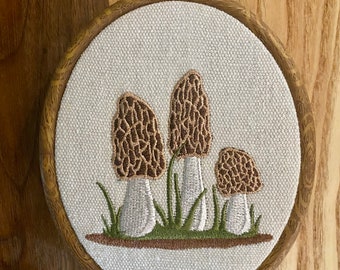 Morel Mushrooms Finished Embroidered Hoop Wall Hanging,Embroidered Mushroom,Cottagecore, Home Decor, French Cottage, Framed Mushroom Decor