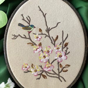 Birdy on Blossoms Finished Embroidery Hoop Wall Hanging, Embroidered Flower, Nature Embroidery, Floral Embroidery Art, Floral Wall Decor