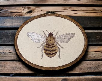 Honeybee Finished Embroidery Wall Hanging, Embroidered Bee, Honeybee Decor, Bee Wall Hanging, Gold Bee