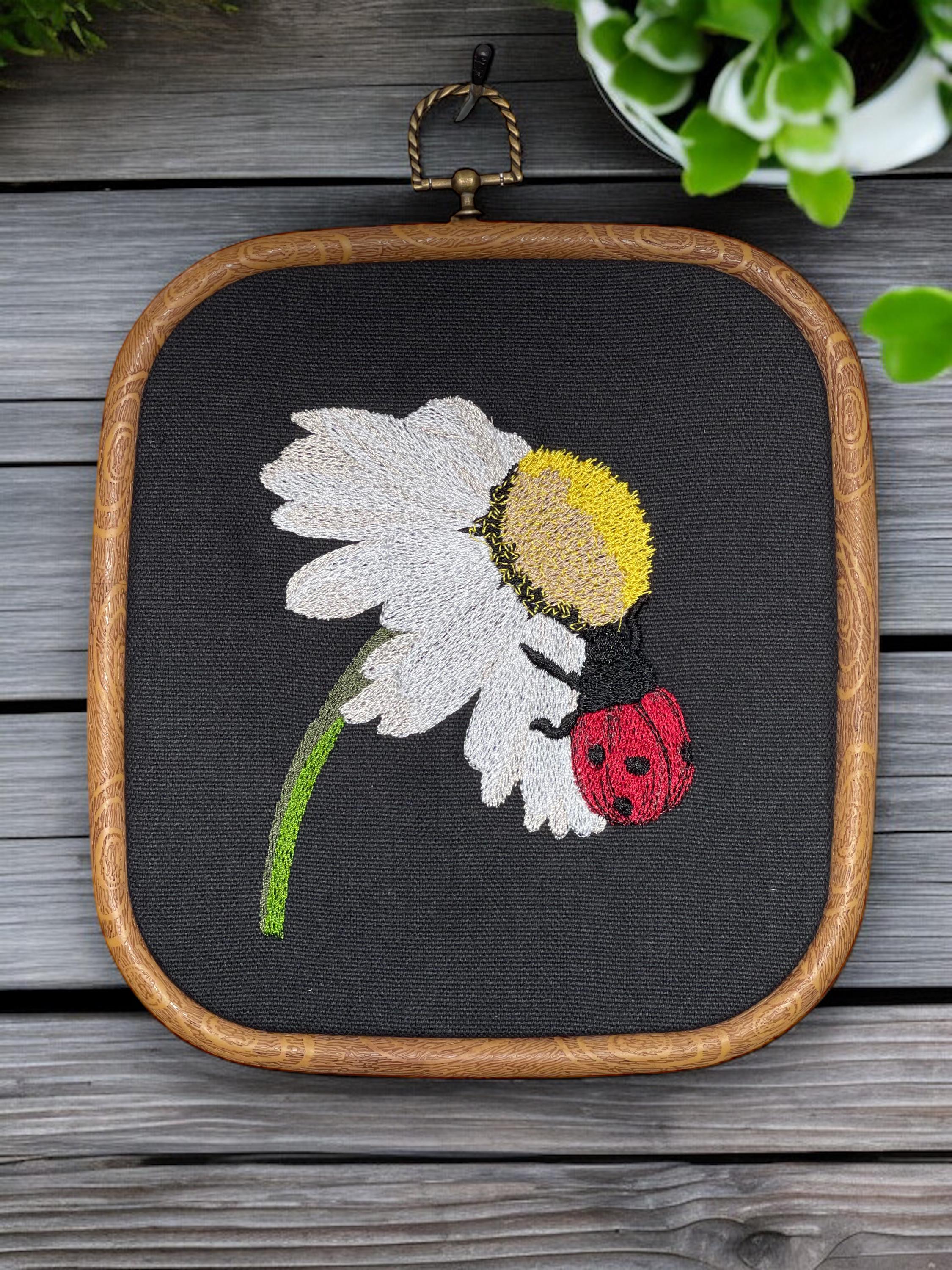Ladybug Flower Finished Embroidery Hoop Wall Hanging, Embroidered ...