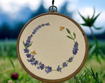 Lavender Bee Wreath Finished Embroidery Hoop Wall Hanging, Embroidered Flower, Nature Embroidery, Floral Embroidery Art, Herb Wall Decor