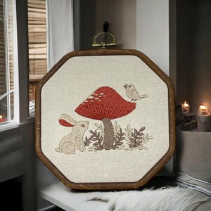 Mushroom and Bunny Finished Embroidery Hoop Wall Hanging, Embroidered Mushroom, Cottagecore, Nature Art, Nursery, Nursery Decor, Wall Art