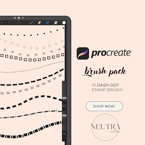 Peut inclure: Une illustration numérique de 10 pinceaux différents de tampons pointillés pour Procreate. Les pinceaux sont affichés sur l'écran d'une tablette avec un fond blanc. Le texte "procreate brush pack" et "10 DASH-DOT STAMP BRUSH!" est affiché en noir. Un bouton qui dit "SHOP NOW" est également affiché.