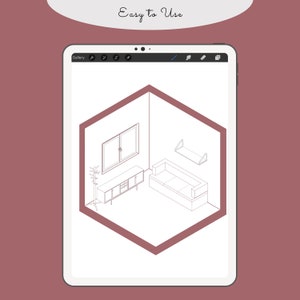 Peut inclure: Un dessin numérique d'un aménagement intérieur de salon en perspective isométrique. La pièce comprend un canapé, une étagère, une commode, un porte-manteau et une fenêtre. Le dessin est sur l'écran d'une tablette avec une barre d'outils en haut.